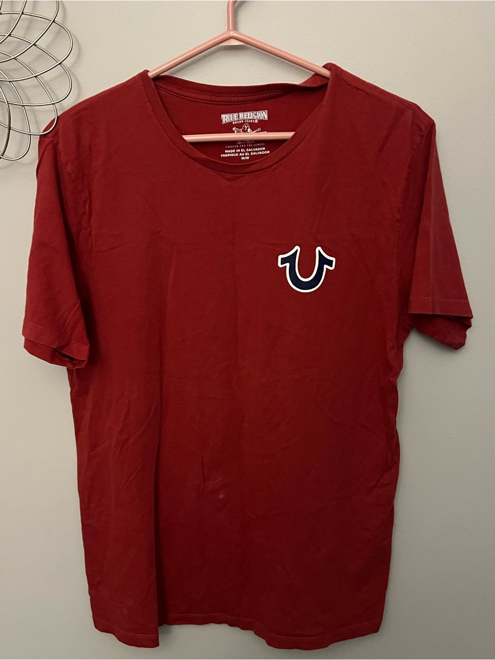 True Religion Men's Burgundy Short Sleeve Tee with Navy White Horseshoe